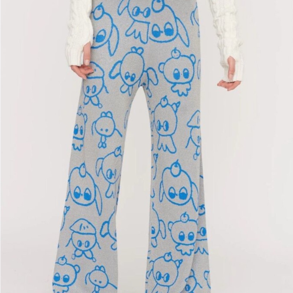 Lazy Oaf Silver knit flares with Blue Cartoon Print